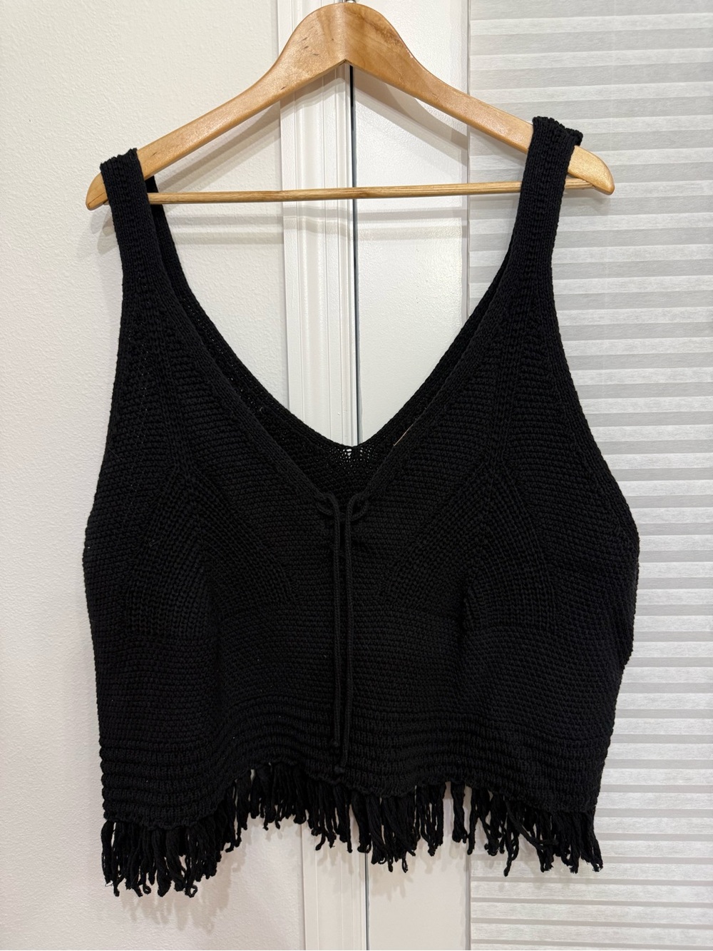 Pilcro Black Cropped Knit Tank with Fringe